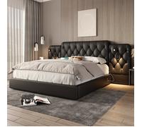Lit coffre - LANGTU - Velours Noir 160x200 - Tête de lit XXL capitonnée - Liseuses LED & USB - Sommier coffre hydraulique