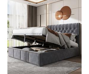 Lit coffre - LANGTU - WF301144AAA - 180 x 200 cm - Velours gris - Sommier à lattes hydraulique