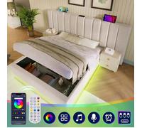 Lit coffre LED 180x200 cm Lit double rembourré en lin avec lumière LED ports USB rangement et sommiers à lattes - beige