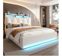 Lit coffre LEYTN,160x200cm,lit double rembourrée,Tête de lit, avec éclairage LED,en velours,beige