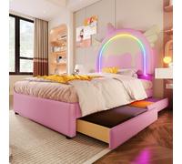 Lit coffre licorne avec LED et tiroirs, 90x200 cm, rose. Dispose d'une barre de lumière changeant de couleur, de 2 tiroirs de rangement et est fabriqué en PU, facile à entretenir