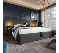 Lit coffre,lit adulte 180x200 ,avec table de chevet, lampe de lecture et fonction de recharge USB Type-C, gris