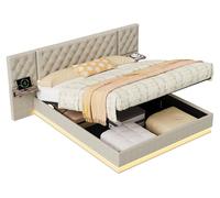 Lit coffre - Lit double - Rangement hydraulique - 2 espaces de rangement intégrés au lit - Large tête de lit - 140 x 200 cm - Beige - Matelas non inclus