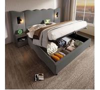 Lit coffre Lit double rembourré 180×200 cm avec lampe de lecture et fonction de chargement USB Type-C Gris Gris O.Ye Gr LIT COMPLET