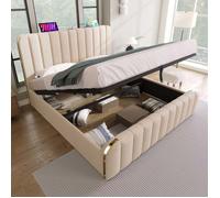 Lit coffre - Lit escamotable avec rangement hydraulique - 180 x 200 cm - Tissu lin beige - Port USB Type-C