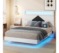 Lit coffre Moonbite 140x190 cm, revêtement velours blanc, capitonnage diamant – USB et LED, système hydraulique
