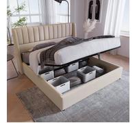 Lit coffre - O.Ye - 160x200cm - Beige - Rangement sous le lit - Design contemporain