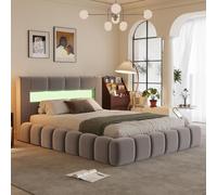 Lit Coffre OMAHA 180x200 cm Velours Gris Design Nuage LED 16 Couleurs | Grand rangement sous sommier à lattes peuplier, bandeau lumineux télécommandé, mousse 25 kg/m³, 199x240x90 cm