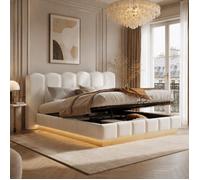 Lit coffre rembourré 180x200 cm king size avec rangement hydraulique,LED,sommier à lattes,tête de lit effet nuage en bou lanc