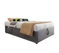 Lit coffre rembourré 90×200 cm en coton-lin, avec USB/Type-C, sommier plein en bois massif, gris