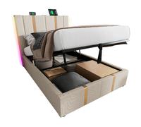 Lit coffre rembourré 90×200 cm en lin beige avec LED RGB, ports USB/Type-C