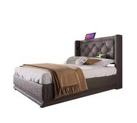 Lit coffre rembourré 90×200 cm en PU noir avec LED 3 côtés, tête de lit capitonnée et ports USB/Type-C