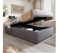 Lit coffre rembourré 90x190cm - sans tête de lit - avec prises de recharge - coffre de rangement - sommier à lattes - Lin gris