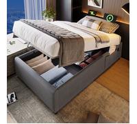Lit coffre rembourré 90x190cm - tissu en lin - avec prises de recharge et sommier à lattes - Gris