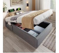 Lit coffre rembourré 90x200cm - sans tête de lit - avec prises de recharge - coffre de rangement - sommier à lattes - Lin gris