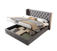 Lit coffre rembourré Chesterfield en velours gris 140×200 cm, tête haute 99 cm avec oreilles