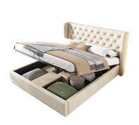 Lit coffre rembourré Chesterfield velours beige 180×200 cm, tête haute 99 cm, sommier inclus
