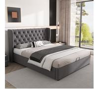 Lit coffre rembourré style Chesterfield haute tête capitonnée FloraGrace 140x200 cm velours gris