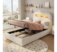 Lit coffre rembourrée 90 x 200 cm- LED- pieds bois massif - bou lanc