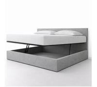 Lit coffre - SAMPUR - 140x190 - Tissu gris clair - Tête de lit incluse - Ouverture latérale
