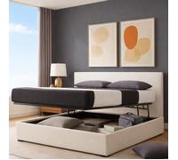 Lit coffre - SAMPUR - 90x190 cm - Simili cuir blanc - Tête de lit incluse - Ouverture latérale ergonomique