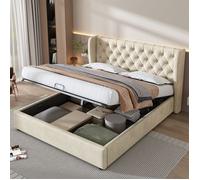 Lit coffre - SEA WALL - Chesterfield - 160x200 cm - Velours beige - Rangement hydraulique