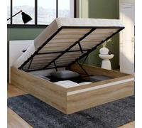 IDMarket - Lit coffre double Seaside avec tête de lit et sommier 140 x 190 cm façon hêtre et blanc