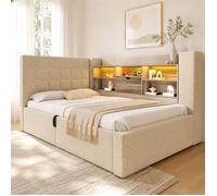 Lit coffre simple 90 × 190 cm tête en L réversible LED ports USB et USB-C sommier à lattes beige
