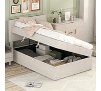 Lit coffre simple 90x200cm - Lit simple capitonné avec sommier à lattes structure en métal Grand Espace - Beige