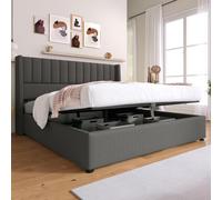 Lit coffre tapissé, lit double hydraulique 140x200 cm, sommier à lattes en bois, lit avec sommier à lattes en cadre métallique, tissu en lin, couleur gris
