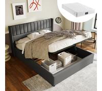 Lit coffre tapissé, lit double hydraulique 160x200 cm, sommier à lattes en bois, lit avec sommier à lattes en cadre métallique, tissu en lin, gris (avec matelas)