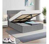 Lit coffre tête de lit haute - couchage 140x190 cm - tissu gris - sommier inclus - ANDY