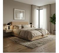 Lit Coffre Versailles 200x200 Cm - Tissu Bouclette Camel - Tête De Lit Incluse - Grand Coffre