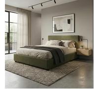 Lit Coffre Versailles 90x190 Cm - Tissu Bouclette Vert - Tête De Lit Incluse - Grand Coffre De Stockage