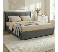 Lit Coffre YARO rembourré, Lit Double avec Rangement 160x200 cm, Gris Foncé, Sommier à Lattes Inclus, Tête de Lit en Tissu