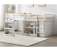 Lit combiné 90 x 190 cm avec rangements et bureau extensible - Pin et MDF - Blanc - ABRENO
