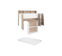 Lit combiné 90 x 200 cm avec bureau et rangements - Blanc et naturel + Matelas - APOLINO