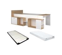 Lit combiné 90 x 200 cm avec bureau et rangements - Blanc et naturel + Sommier + Matelas - PALOMA