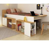 Lit combiné 90 x 200 cm avec bureau et rangements - Blanc et naturel + Sommier + Matelas - PALOMA