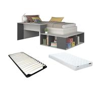 Lit combiné 90 x 200 cm avec rangements et bureau - Coloris : Naturel et anthracite + Sommier + Matelas - RIGALI