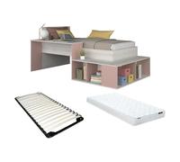 Lit combiné 90 x 200 cm avec rangements et bureau - Coloris : Naturel et rose + Sommier + Matelas - RIGALI
