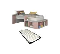 Lit combiné 90 x 200 cm avec rangements et bureau - Coloris : Naturel et rose + Sommier - RIGALI