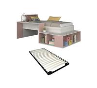 Lit combiné 90 x 200 cm avec rangements et bureau - Coloris : Naturel et rose + Sommier - RIGALI