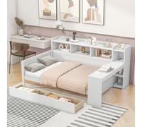 Lit Combiné Adulte avec Sommier et Rangement, Cadre de Lit Multifonctionnel avec Prise USB, 2 Tiroirs et Bureau Intégré, Design Moderne pour Chambre Complète(Matelas Non Inclus) (Blanc)