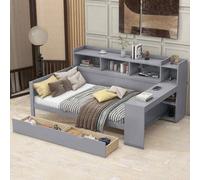 Lit Combiné Adulte avec Sommier et Rangement, Cadre de Lit Multifonctionnel avec Prise USB, 2 Tiroirs et Bureau Intégré, Design Moderne pour Chambre Complète(Matelas Non Inclus) (Gris)