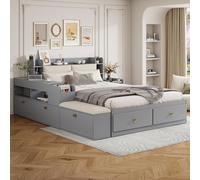Lit combiné bois massif 140*200cm gris : tête de lit rangement + tiroirs + table chevet + placard + banquette, lit double coffre tatami