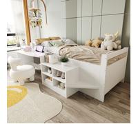 Lit Combine Enfant 90 × 200 cm avec USB et Prises Electriques, Lit Bois avec Bureau et Lattes, Lit 1 personne avec Marches, Blanc