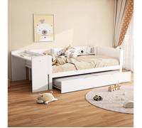 Lit combiné enfant 90x200 cm EVRYAE avec lit gigogne 90x180, bureau intégré et 3 étagères latérales blanc