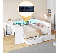 Lit Combine Lit plateforme Bois 140x200 cm avec rangements 2 tiroirs recharge USB et tête de lit LED Blanc