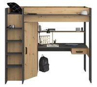 Lit combiné mezzanine enfant PARISOT HIGH - Chêne et gris - Sommier inclus - 90 x 200 cm